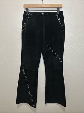 Vintage Wilsons Leather Black Suede Rhinestone Flare Pants Y2K Size 4